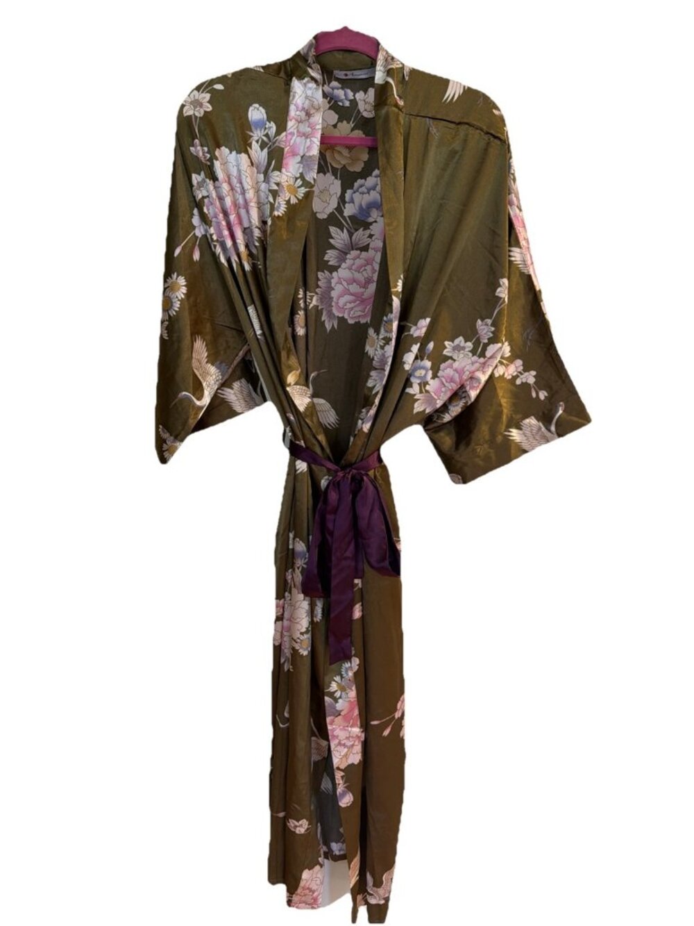 Applesauce Olive Green white Crane Floral Satin Kimono Robe Long Loungewear OS